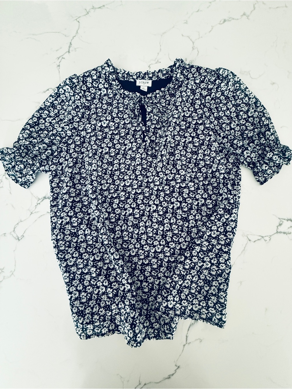 J. Crew Navy and White Floral Tie-Neck Short Sleeve Blouse